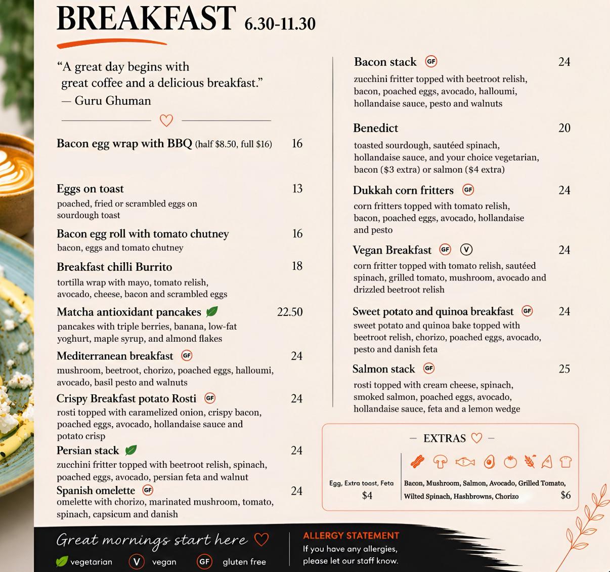 Guru's Cafeteria breakfast menu