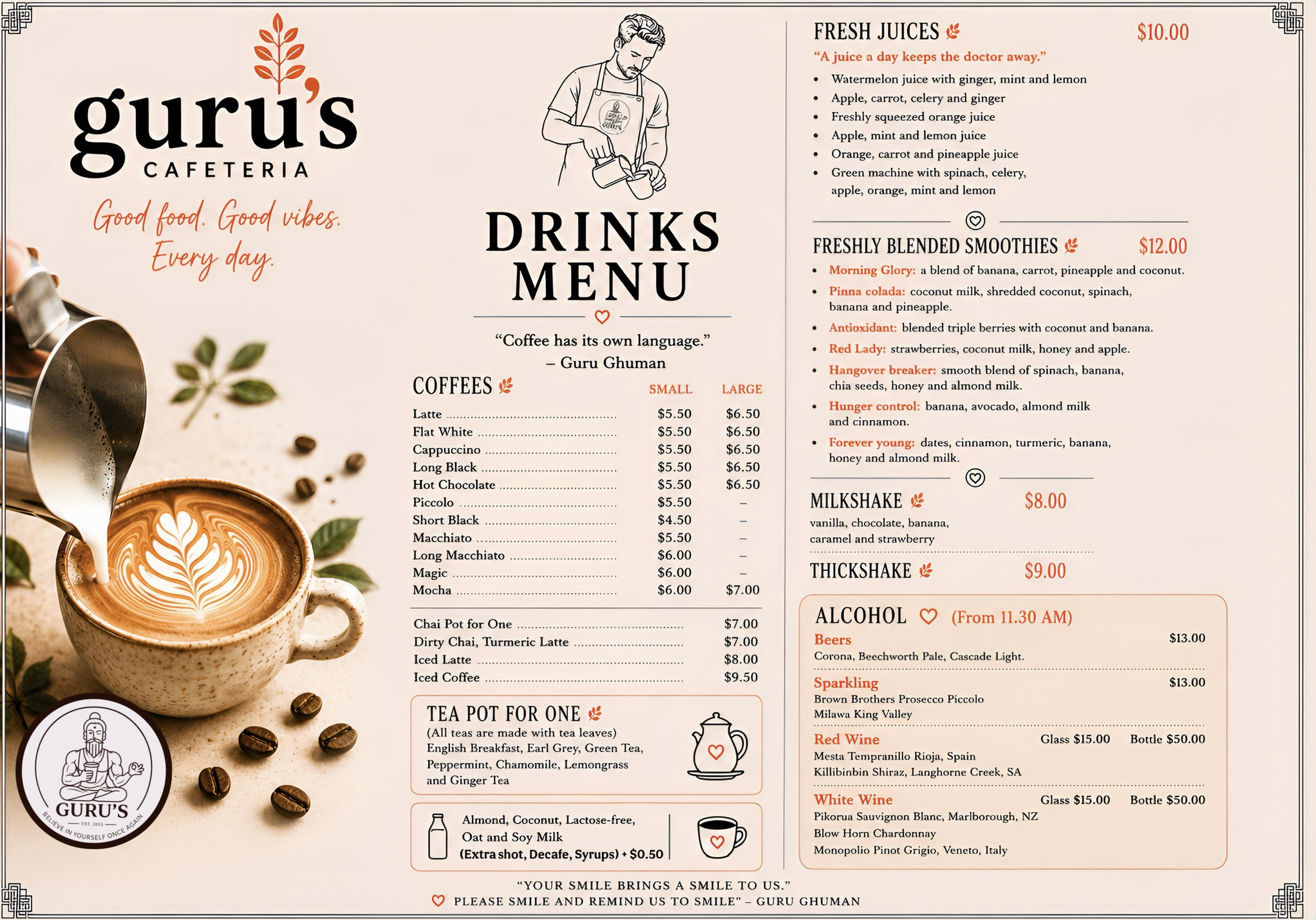 Guru's Cafeteria drinks menu