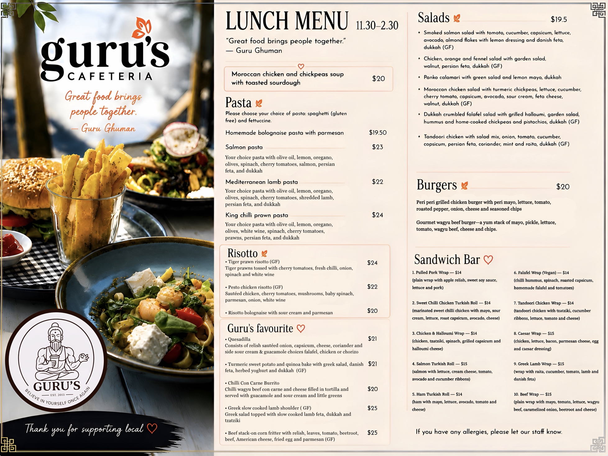 Guru's Cafeteria lunch menu